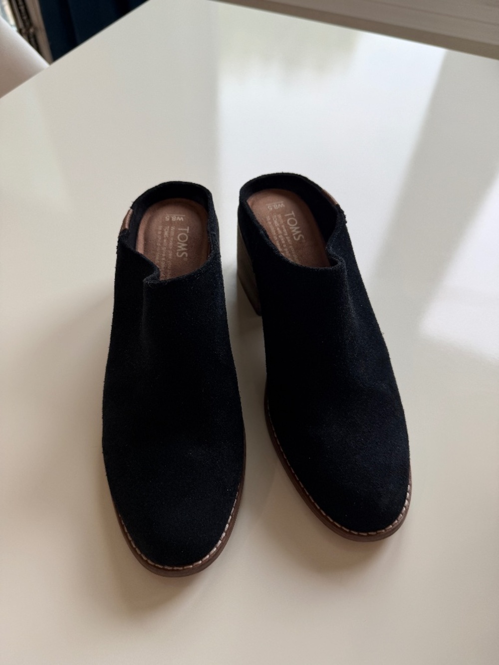 TOMS Leila mules in black suede with stacked block heel, Women's size 8.5